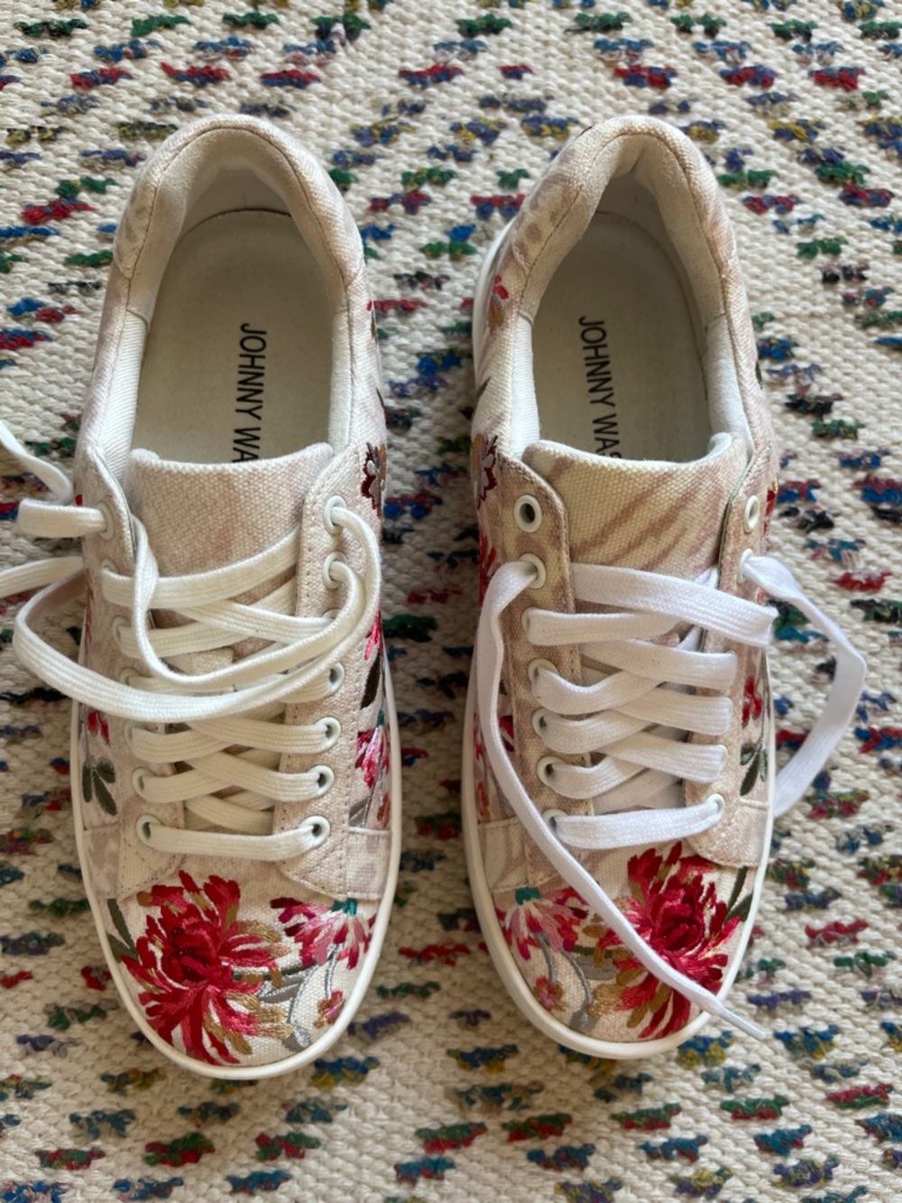 Johnny Was Cream Canvas Sneakers with Red Floral Embroidery